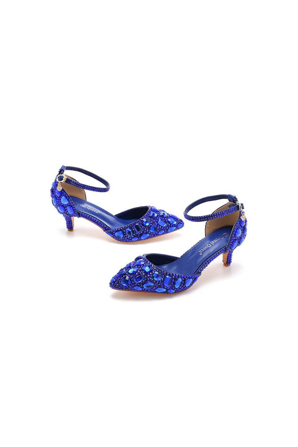 Pointed Toe Crystal Diamond Ankle Strap Kitten Heels - KissProm