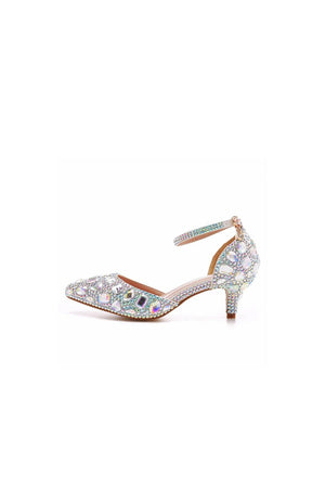 Pointed Toe Crystal Diamond Ankle Strap Kitten Heels - KissProm