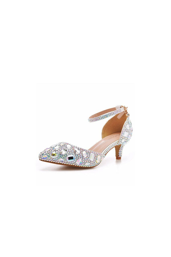 Pointed Toe Crystal Diamond Ankle Strap Kitten Heels - KissProm