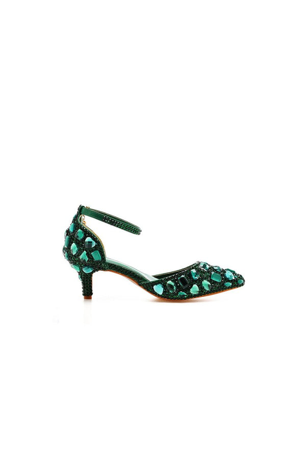 Pointed Toe Crystal Diamond Ankle Strap Kitten Heels - KissProm