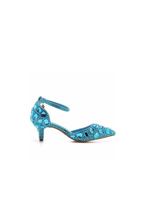 Pointed Toe Crystal Diamond Ankle Strap Kitten Heels - KissProm