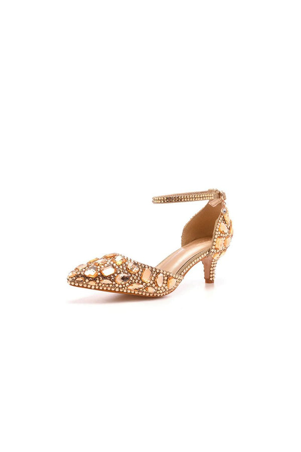 Pointed Toe Crystal Diamond Ankle Strap Kitten Heels - KissProm
