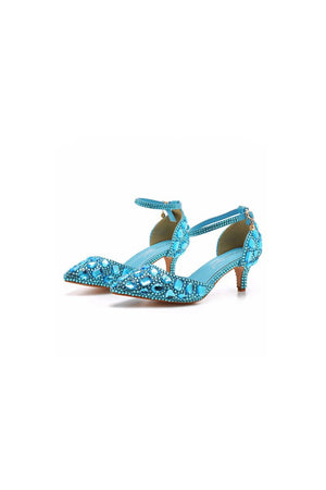 Pointed Toe Crystal Diamond Ankle Strap Kitten Heels - KissProm