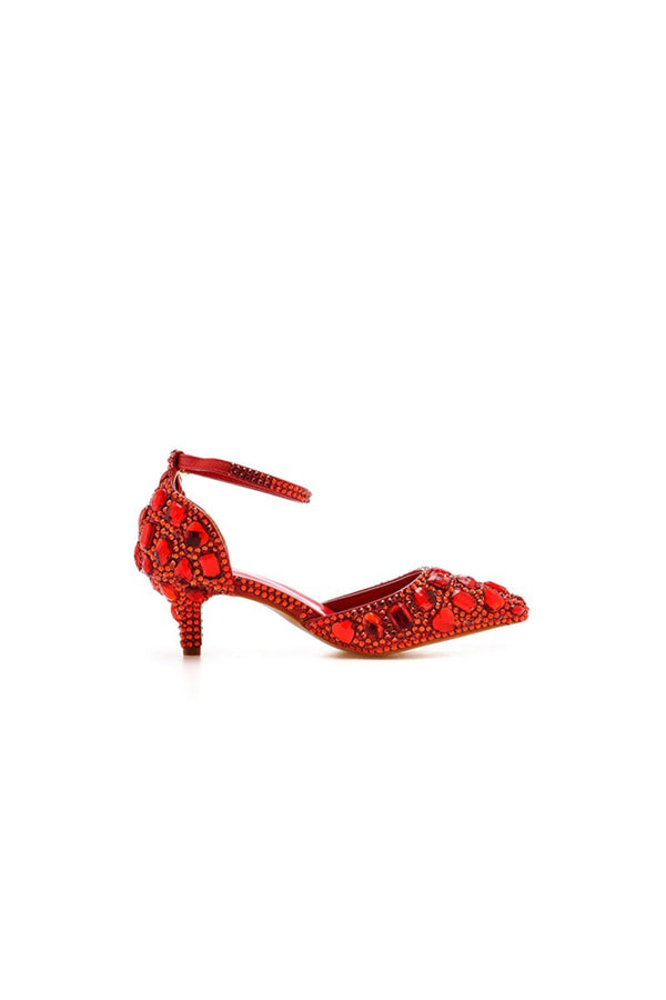 Pointed Toe Crystal Diamond Ankle Strap Kitten Heels - KissProm