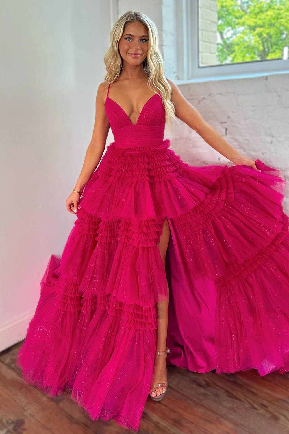Amanda| A-Line Spaghetti Straps Long Tiered Tulle Prom Dress With Split