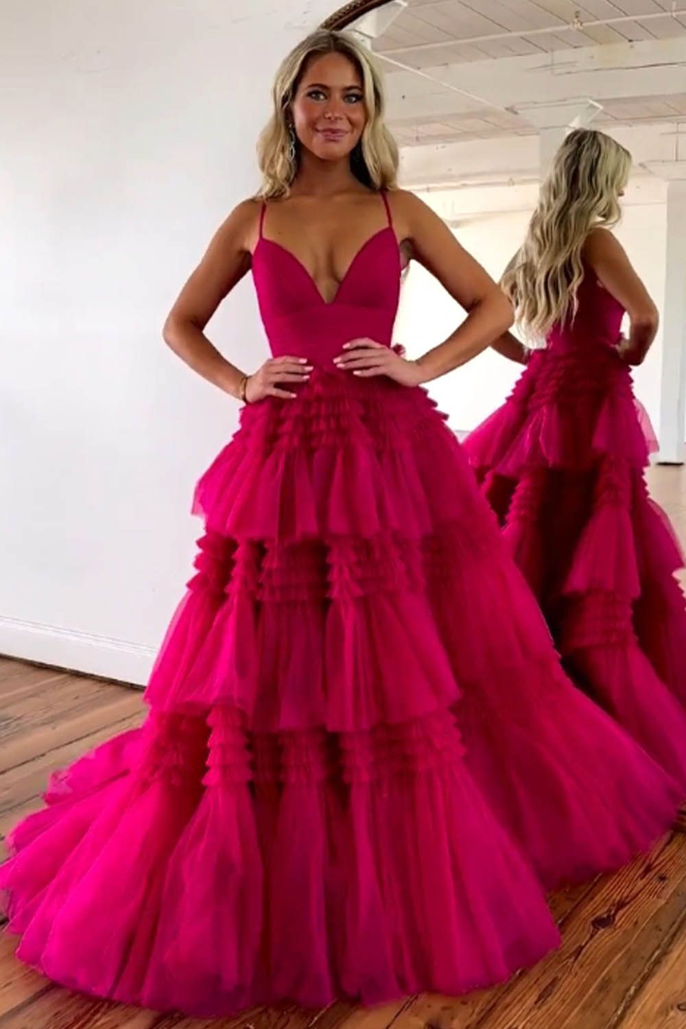 Amanda| A-Line Spaghetti Straps Long Tiered Tulle Prom Dress With Split