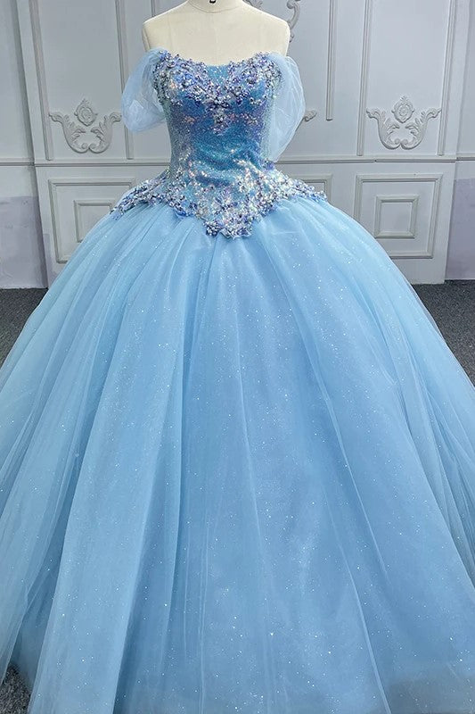 Quinceanera Dress Princess Cap sleeve Ball Gown Sequins Square Collar Evening Party Dresses