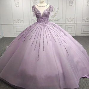 Quinceanera Dress Princess Sheer Neck Long Prom Dresses Short Sleeves Ball Gown - KissProm