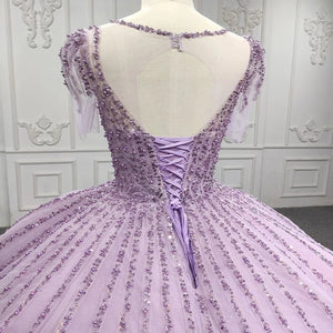 Quinceanera Dress Princess Sheer Neck Long Prom Dresses Short Sleeves Ball Gown - KissProm