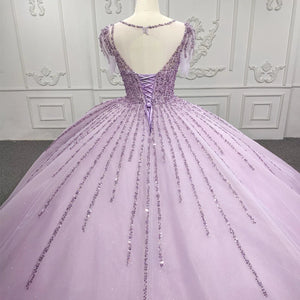 Quinceanera Dress Princess Sheer Neck Long Prom Dresses Short Sleeves Ball Gown - KissProm