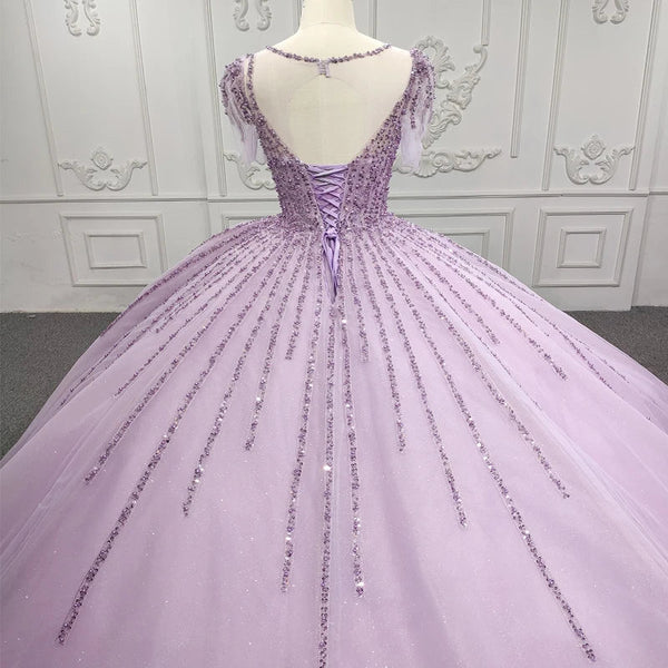 Quinceanera Dress Princess Sheer Neck Long Prom Dresses Short Sleeves Ball Gown - KissProm