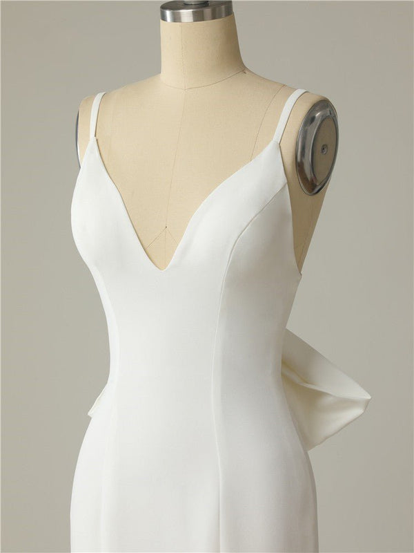 White Mermaid Spaghetti Straps Backless Wedding Dress With Button