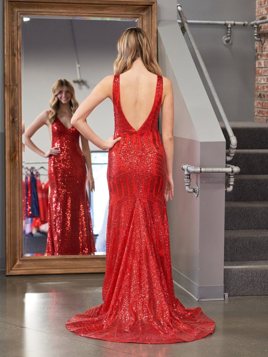 Nina | Red Mermaid Deep V Neck Sequins Prom Dress