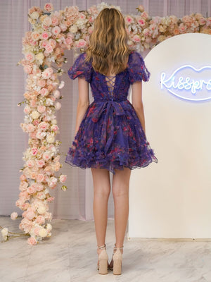 Ivana | Purple A Line Off the Shoulder Printed Homecoming Dress