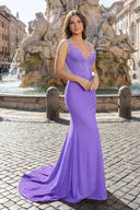 Mermaid V-Neck Beaded Satin Prom Dress with Cross Back - KISSPROM PROM DRESSES