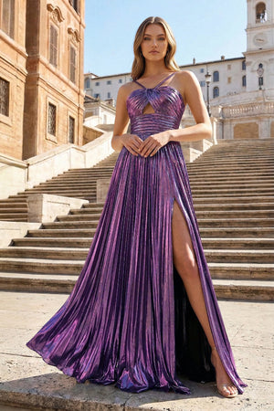 Metallic Keyhole Spaghetti Strap Long Prom Dress with Slit - KISSPROM PROM DRESSES