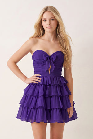 Purple Strapless A Line Chiffon Ruffled Cocktail Dresses With Bow | KISSPROM