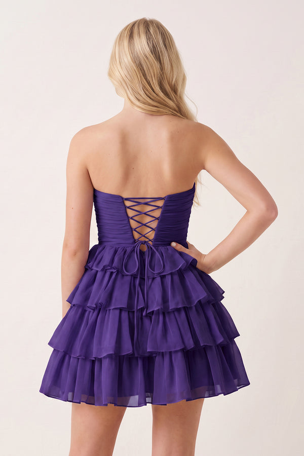 Purple Strapless A Line Chiffon Ruffled Cocktail Dresses With Bow | KISSPROM