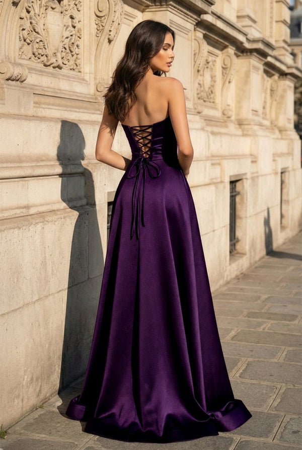 A Line Black Strapless Satin Prom Dresses With Slit Purple / 6 A Line Black Strapless Satin Prom Dresses With Slit Purple / 6