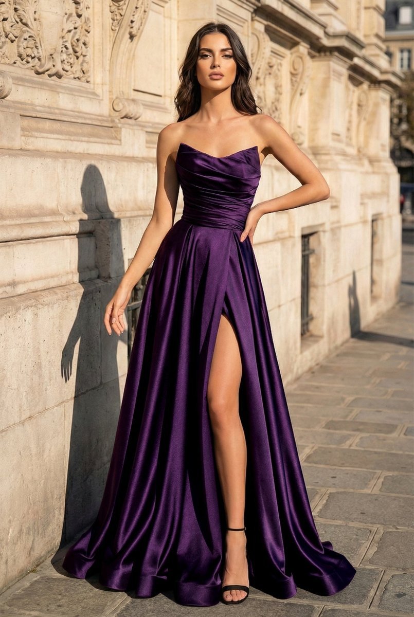 KissProm A Line Black Strapless Satin Prom Dresses With Slit, Blue / 8