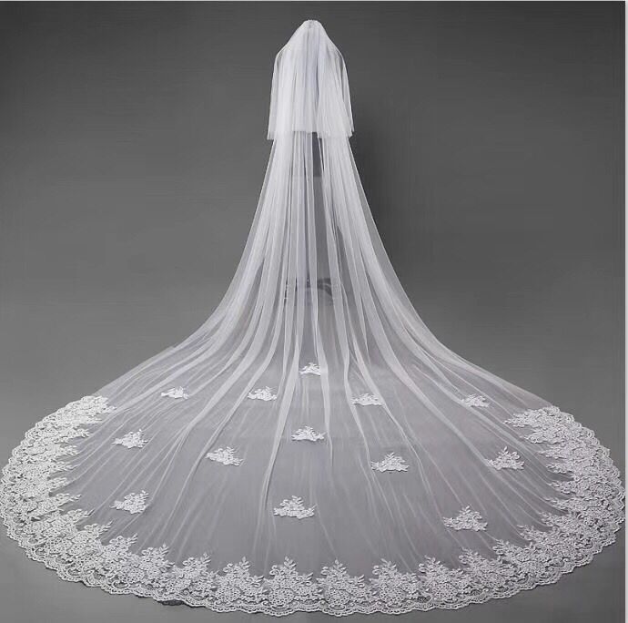 Vintage Cute Lace Appliques Chapel Veils Long Wedding Veil - KissProm