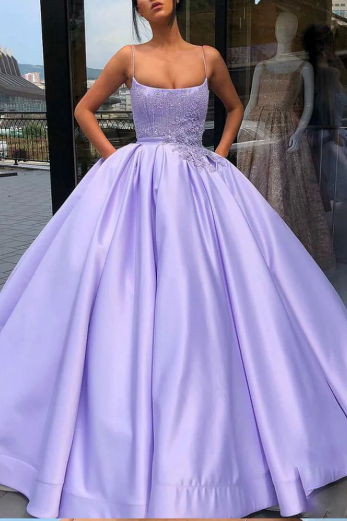 Lavender Ball Gown Spaghetti Straps Satin Dress With Pocket Quinceanera Dress