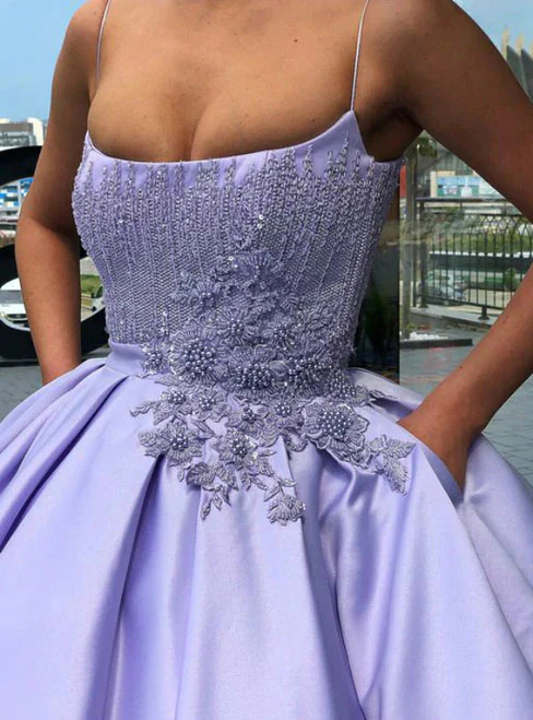 Lavender Ball Gown Spaghetti Straps Satin Dress With Pocket Quinceanera Dress