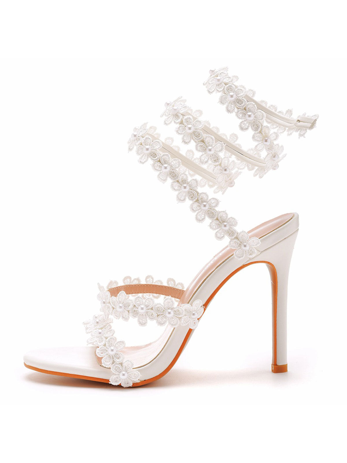White Flower Ankle Wrap Strap Open Toe Ultra High Heels