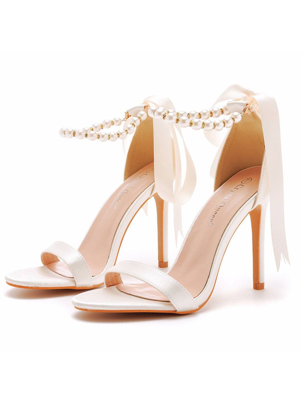 Satin Pearl Open Toe Ankle Strap High Heels