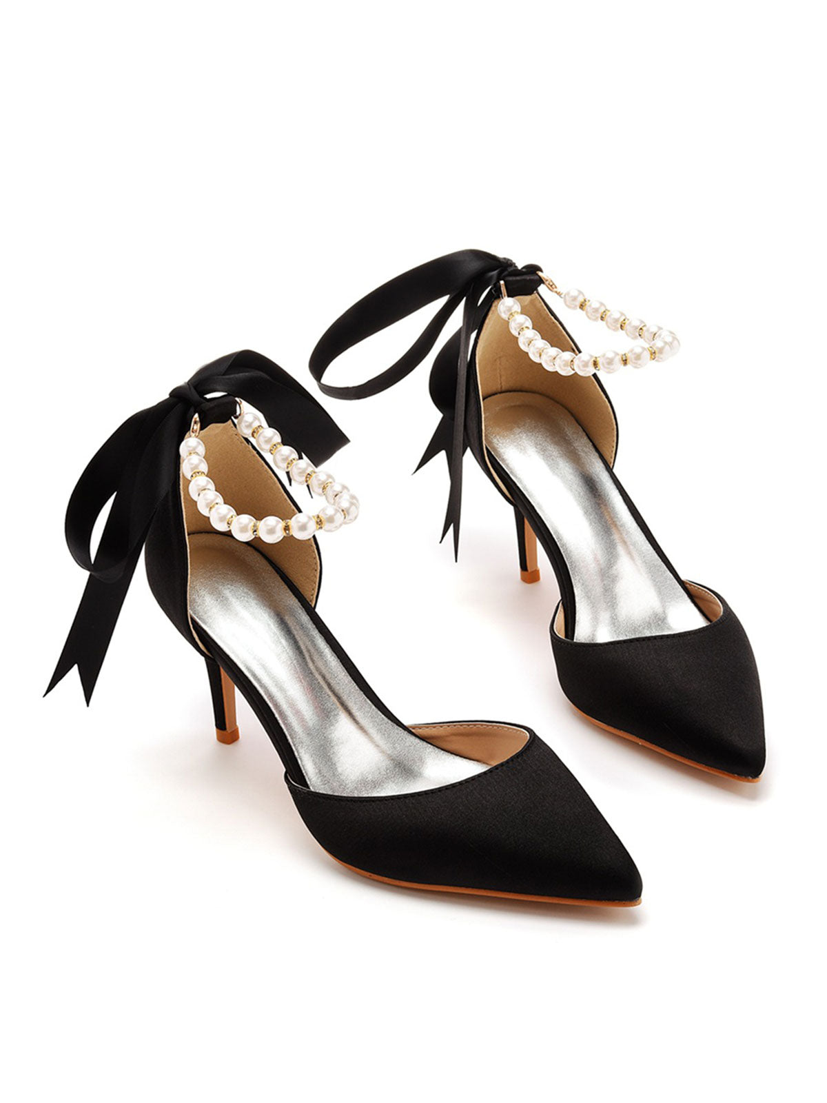 Pearl Ribbon Pointed Toe Ankle Strap Satin High Heels