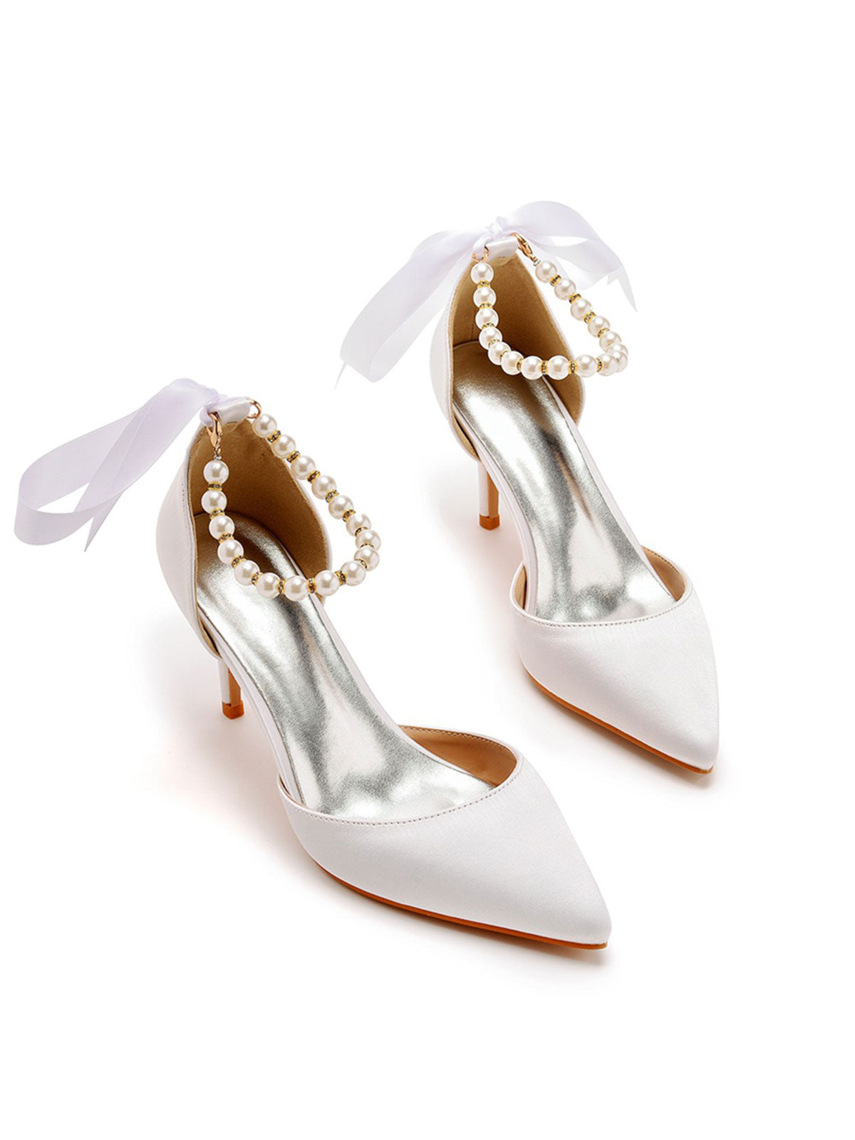 Pearl Ribbon Pointed Toe Ankle Strap Satin High Heels