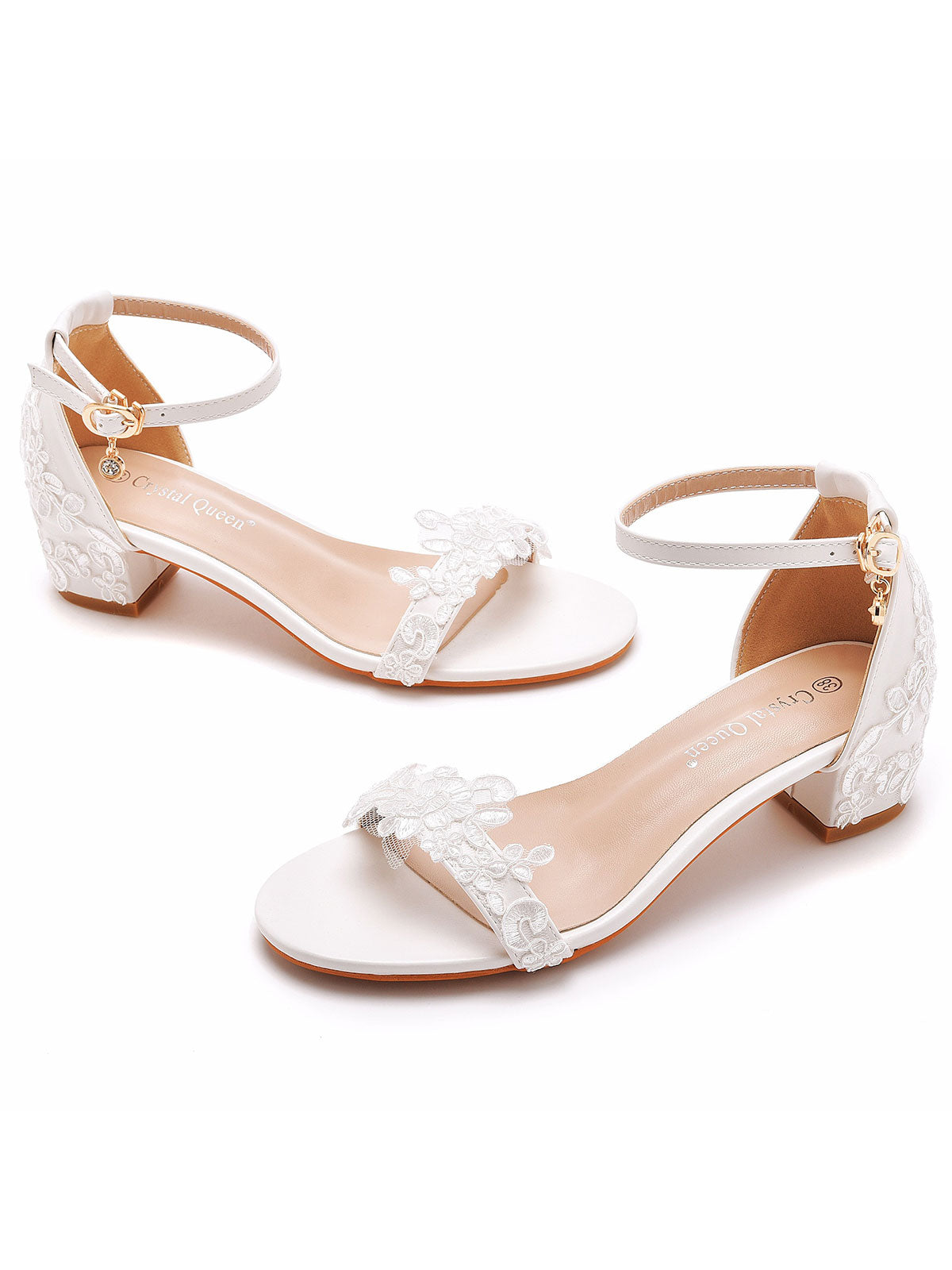 Elegant White Lace Open Toe Ankle-strap Block Heels