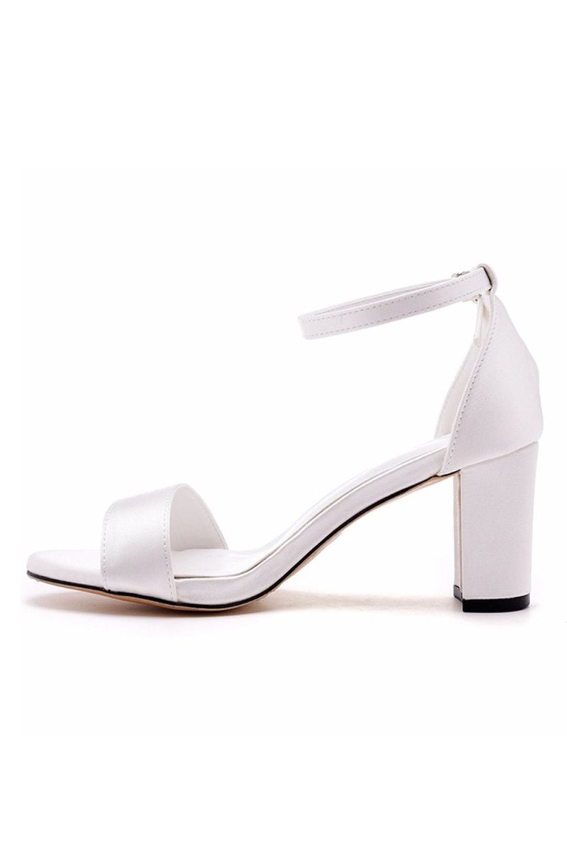 Brief Ivory Satin Open Toe Ankle Strap Chunky Heeled Sandals - KissProm
