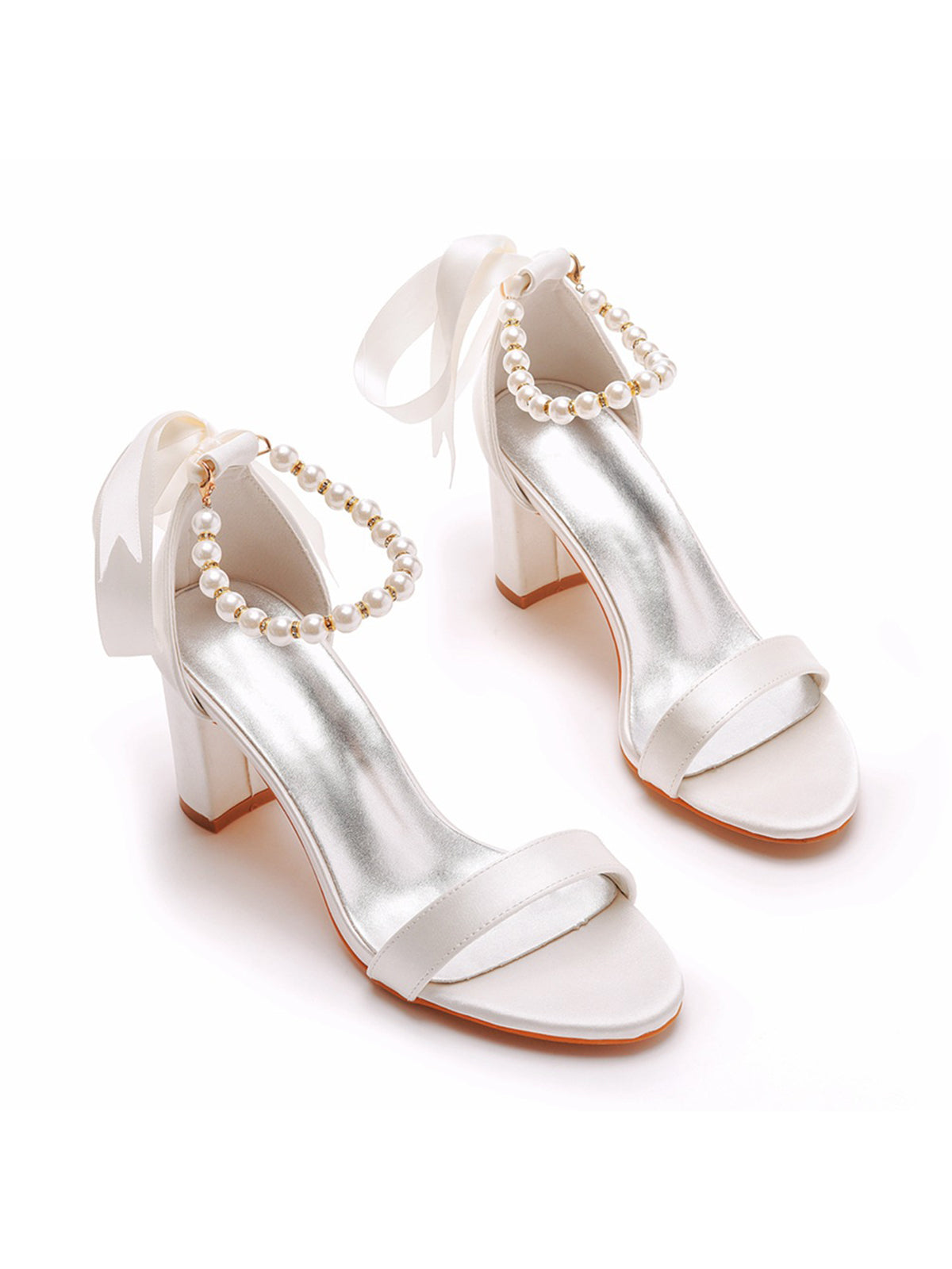 Elegant Pearl Ribbon Tie Satin Open Toe Ankle Strap Block High Heels