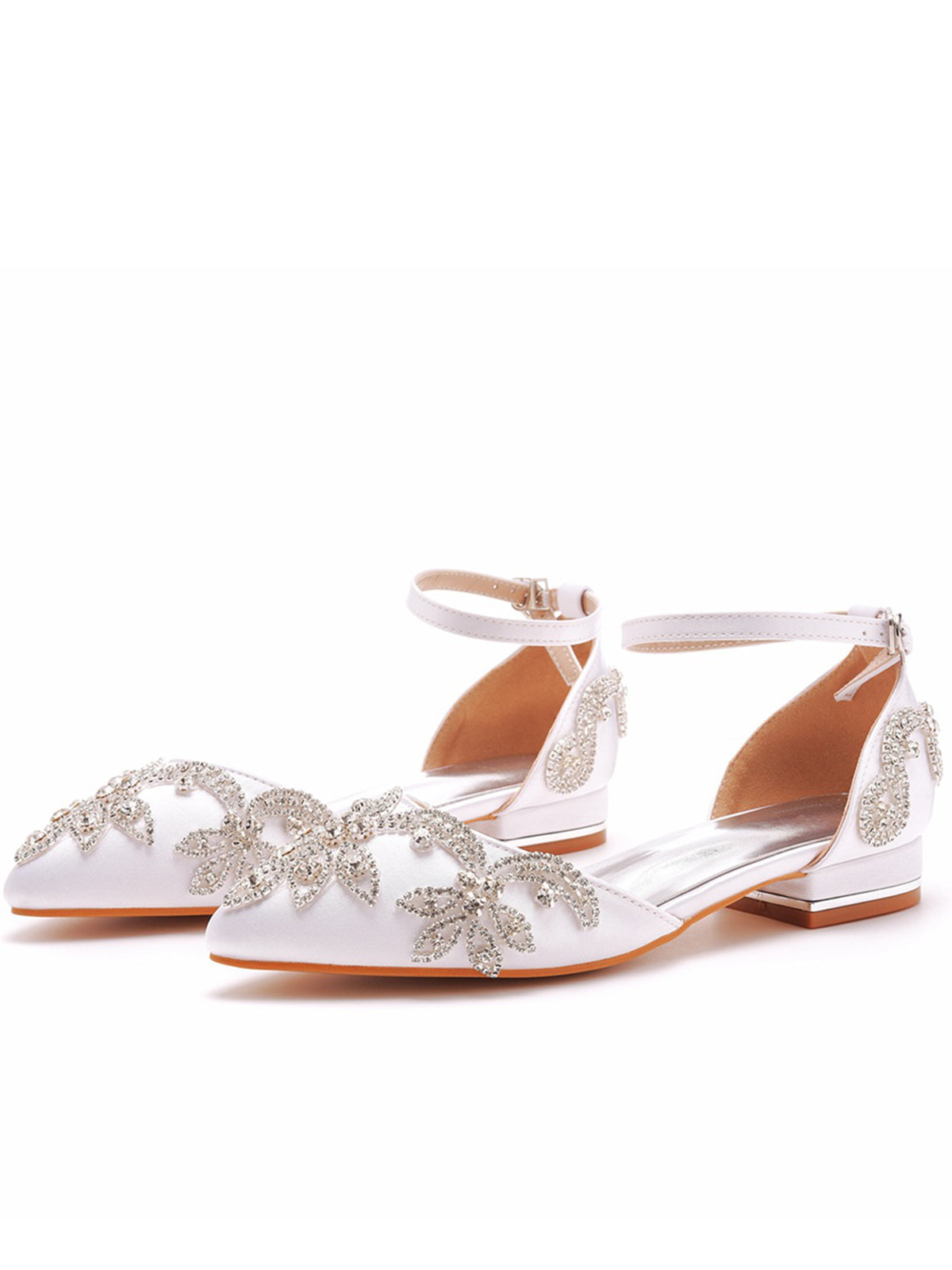 White Satin Rhinestone Flowers Pointed Toe Ankle Strap Chunky Heels