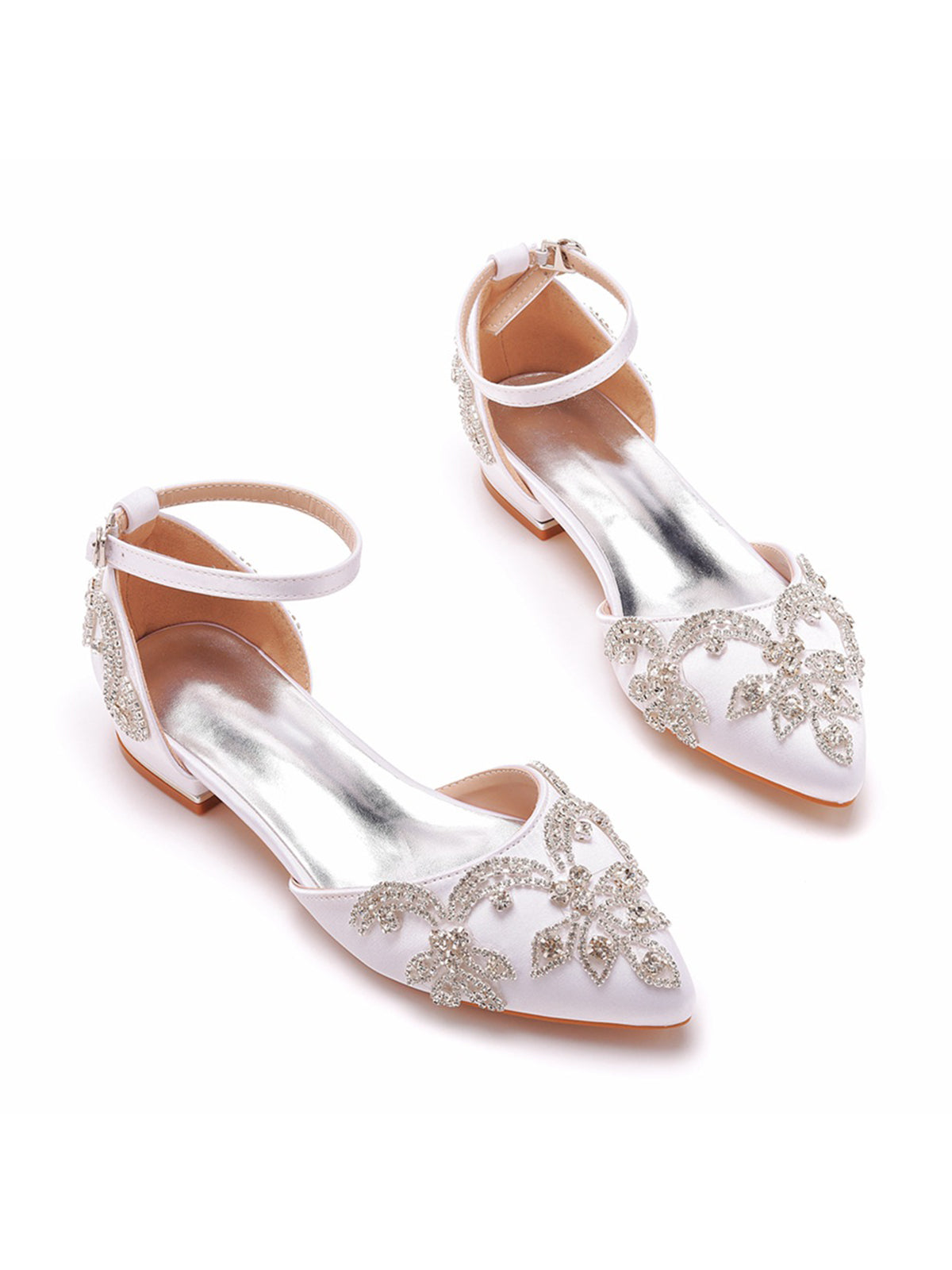 White Satin Rhinestone Flowers Pointed Toe Ankle Strap Chunky Heels