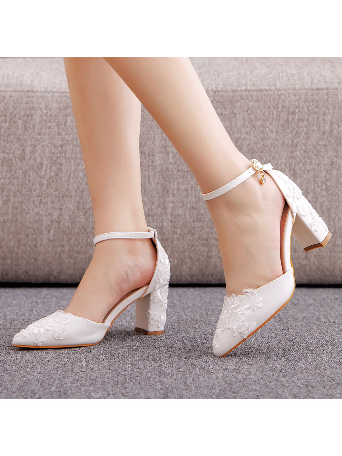 White Pointed Toe Lace Ankle Strap Chunky Heels