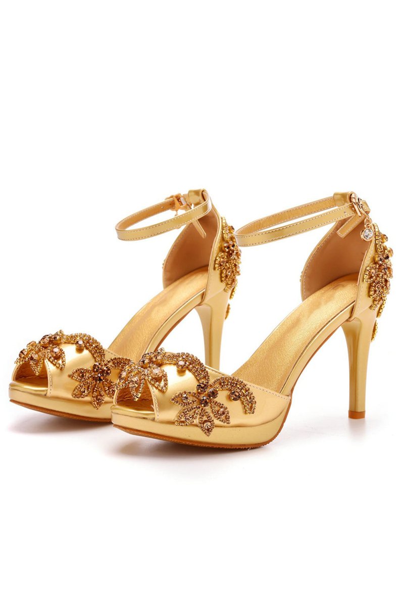 Rhinestone Flowers Decor Peep Toe Platform Stiletto Ankle - strap High Heels - KissProm