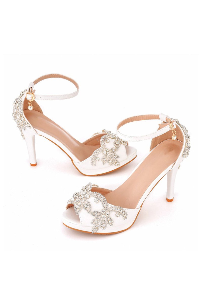 Rhinestone Flowers Decor Peep Toe Platform Stiletto Ankle - strap High Heels - KissProm