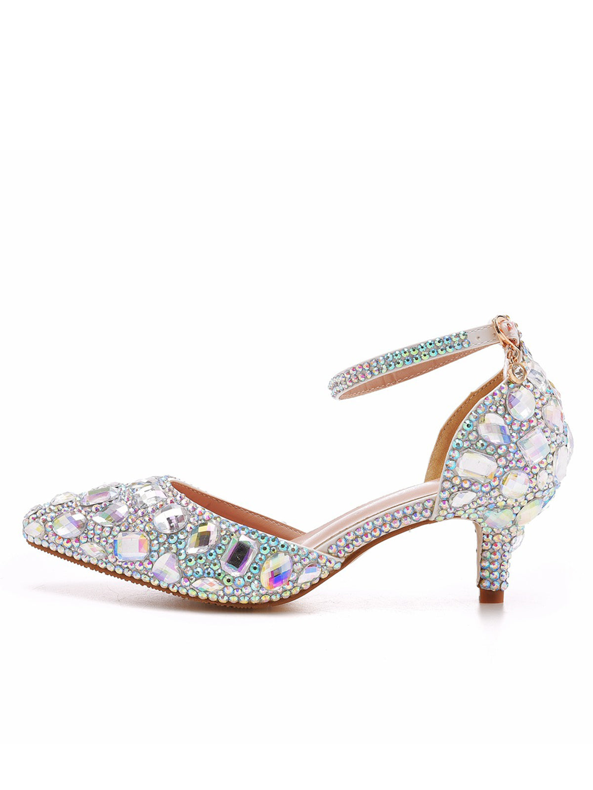 Pointed Toe Crystal Diamond  Ankle Strap Kitten Heels