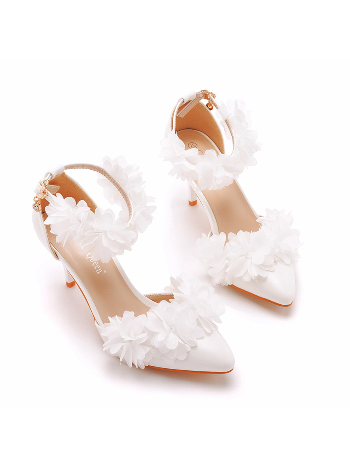 White Flowers Pointed Toe Ankle Strap High Heels