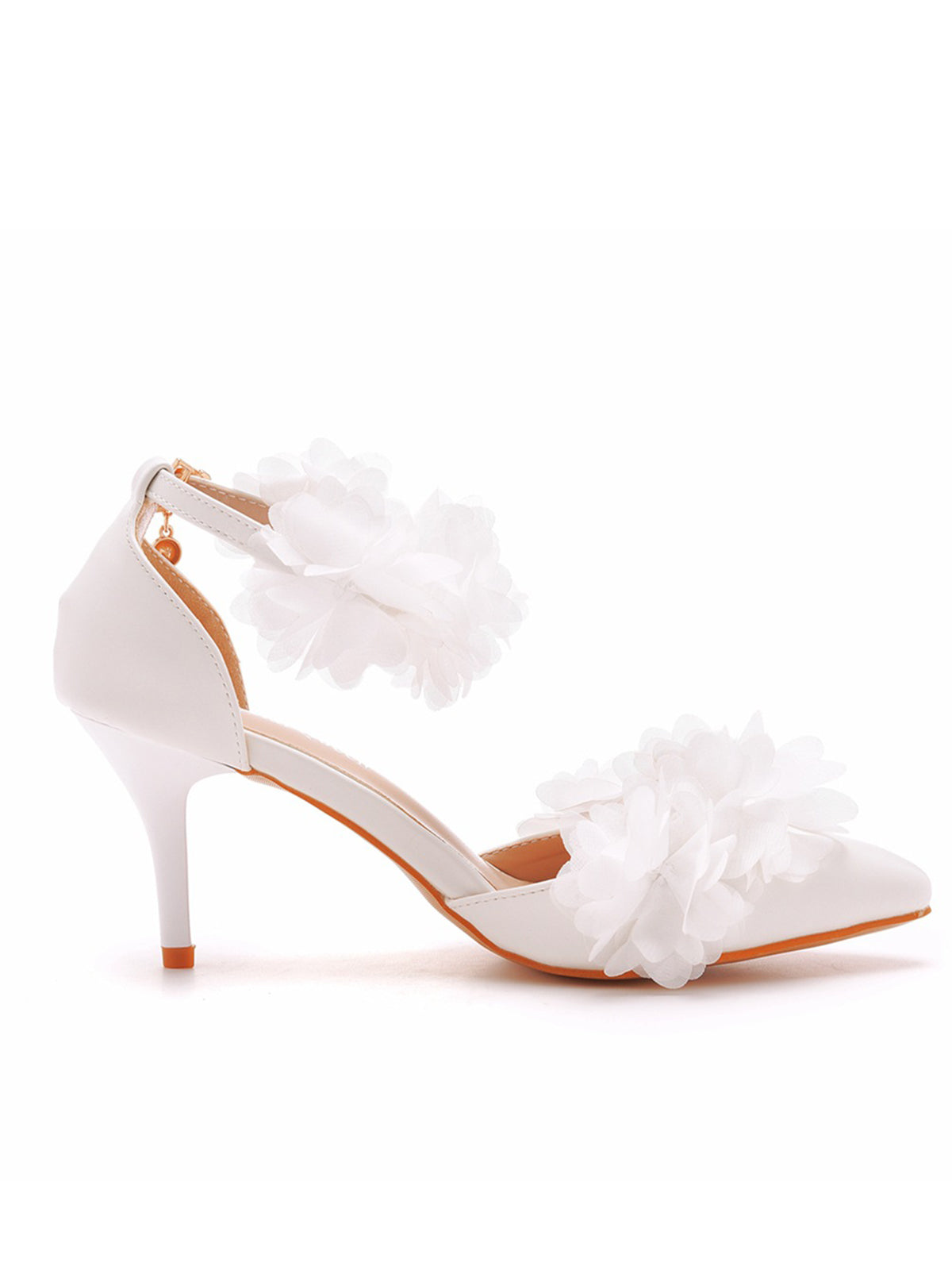 White Flowers Pointed Toe Ankle Strap High Heels