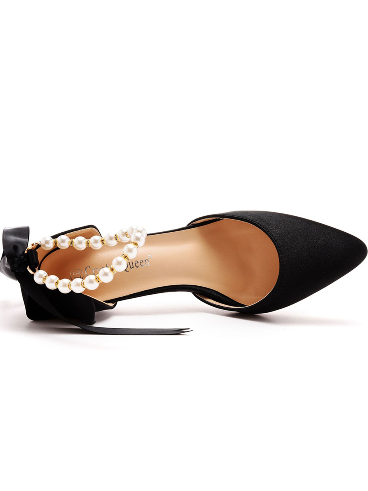 Satin Pearl Ribbon Tie Pointed Toe Ankle Strap High Heels