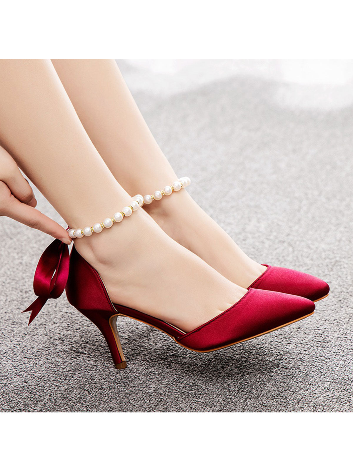 Satin Pearl Ribbon Tie Pointed Toe Ankle Strap High Heels