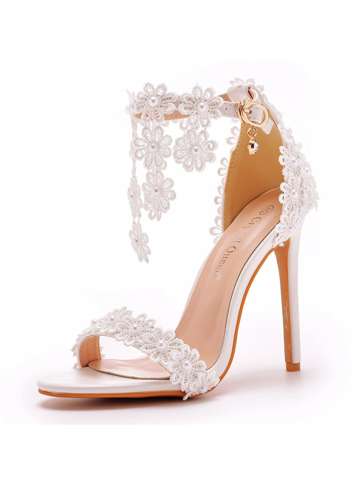White Lace Flowers Tassels Open Toe Ankle-strap Ultra High Heels