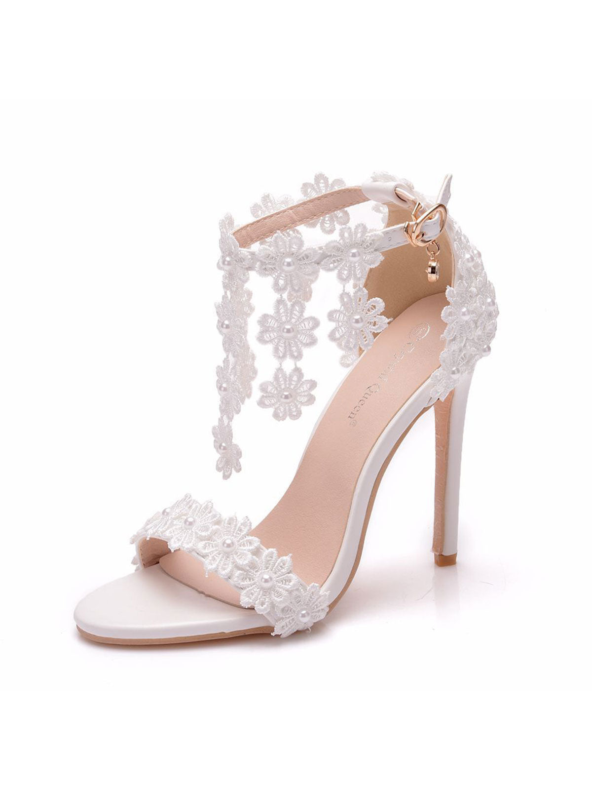 White Lace Flowers Tassels Open Toe Ankle-strap Ultra High Heels