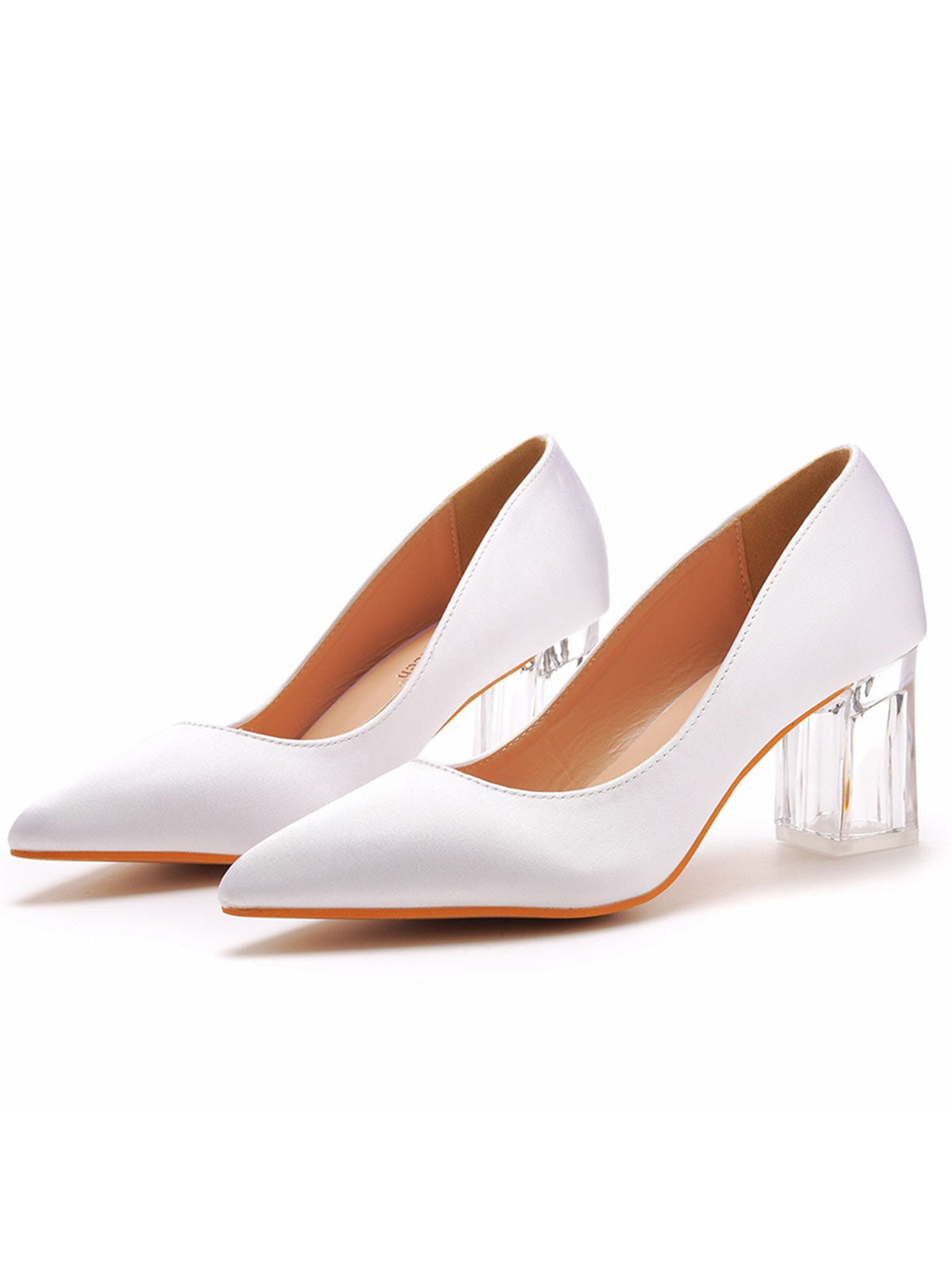 Simple White Pointed Toe Transparent Block Heels