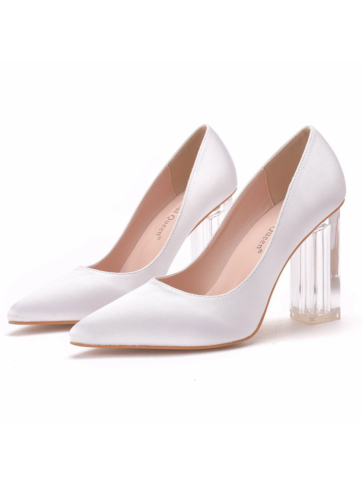 Simple White Pointed Toe Transparent Block Heels