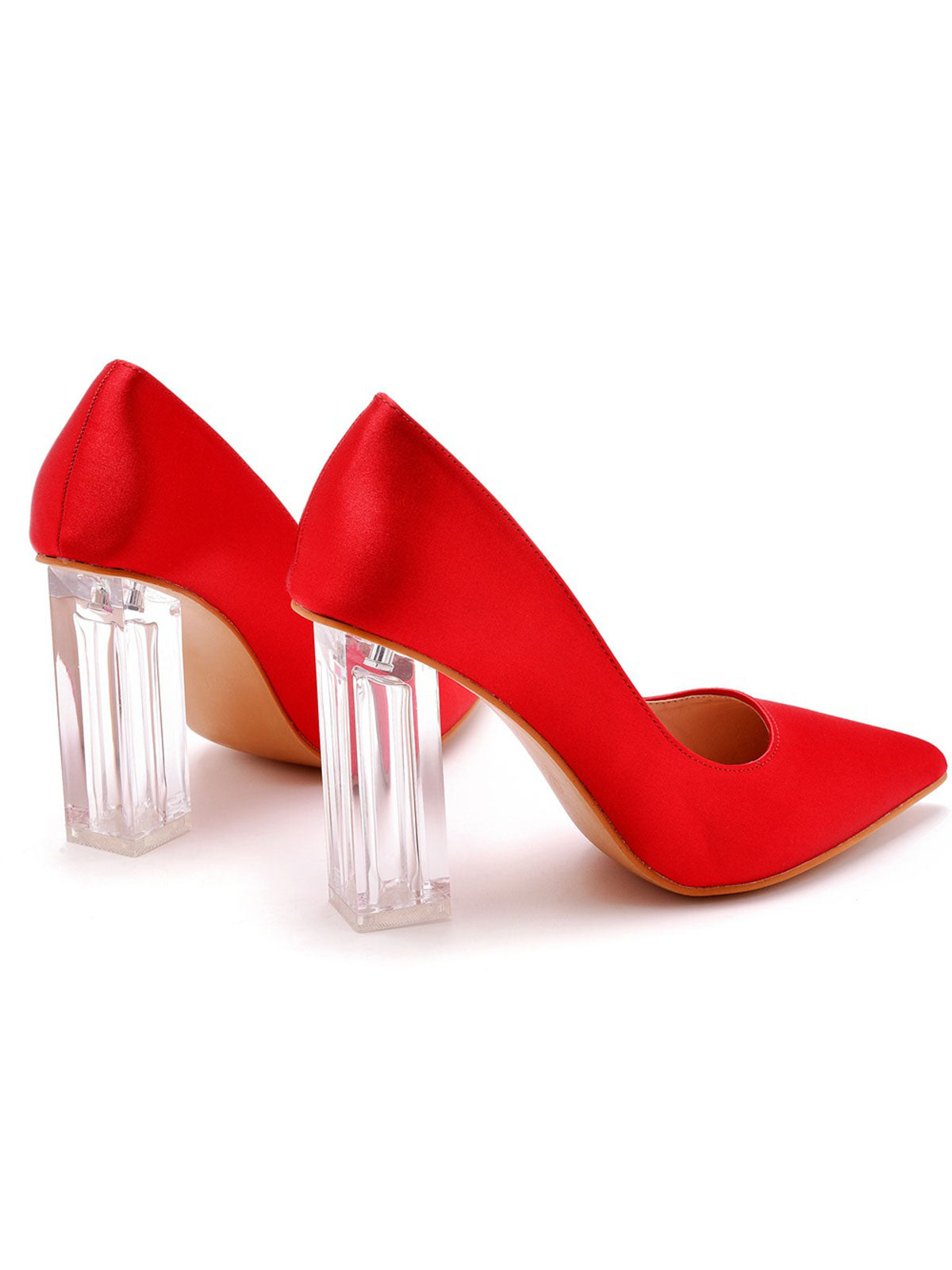 Simple Satin Slip on Pointed Toe Transparent Block Heels