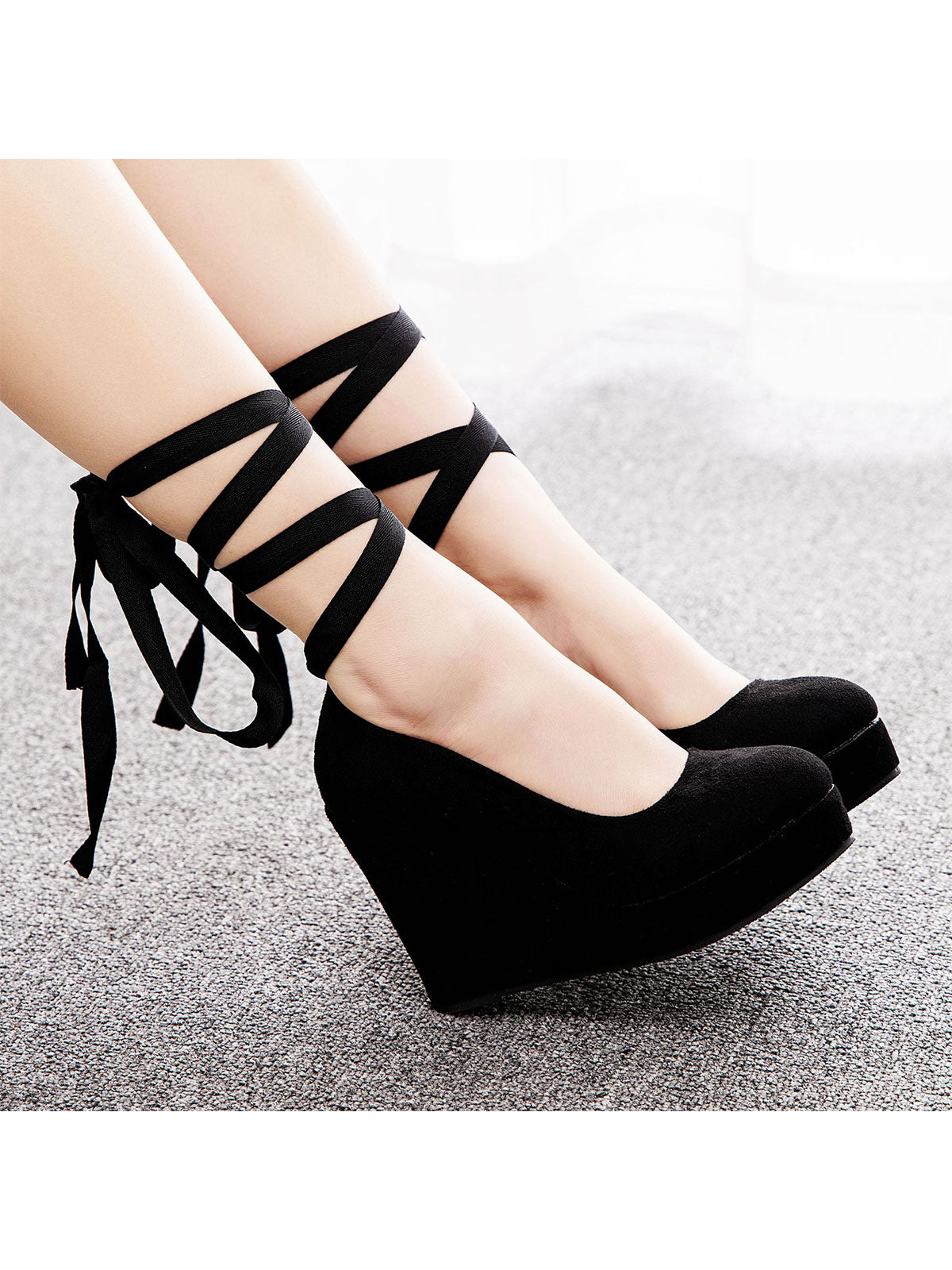 Sweet Round Toe Platform Heels Ankle Strap Wedges Heels